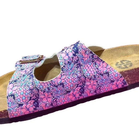 Simply Southern Floral Buckle Slip on Flip Flop Sandals Size 9 Pink/Blue - Picture 12 of 14